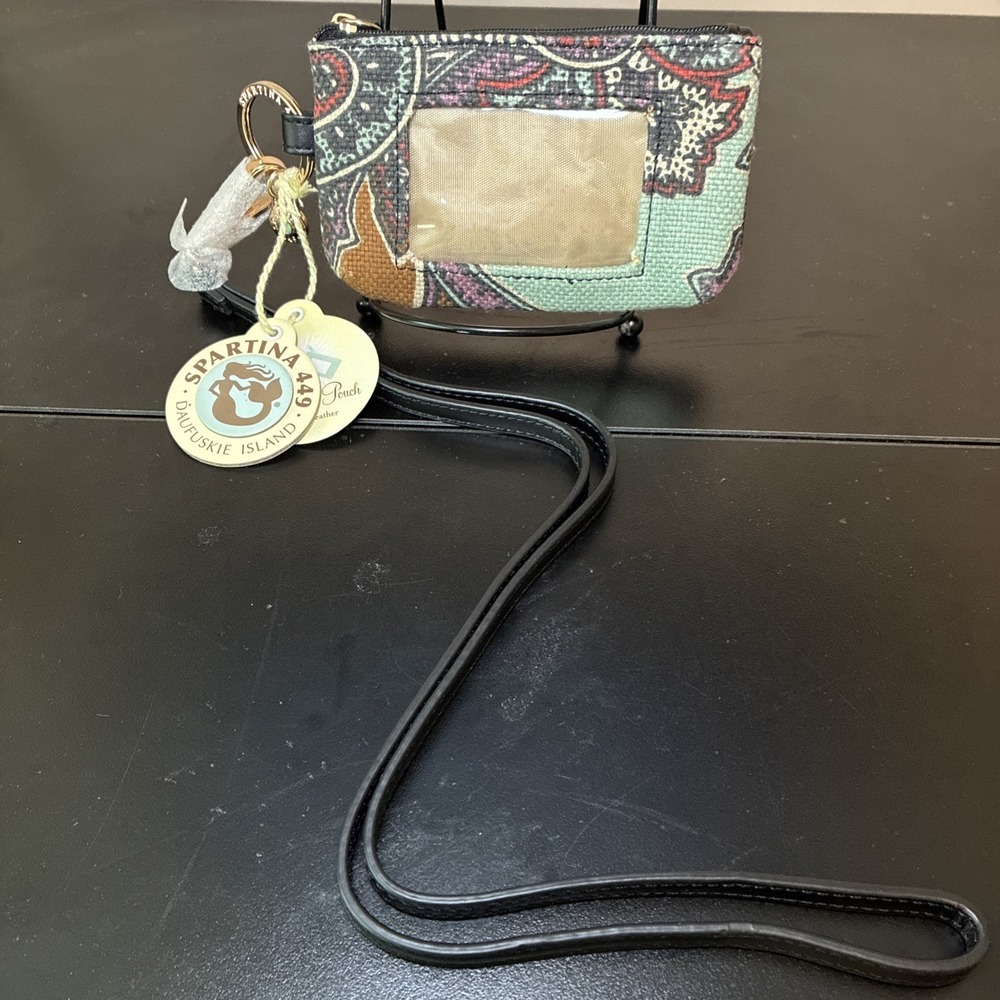 Spartina 449  Boho Cora Lanyard ID Pouch Linen&Leather NWT